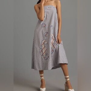 Anthropologie White and Navy Striped Strapless Midi Dress